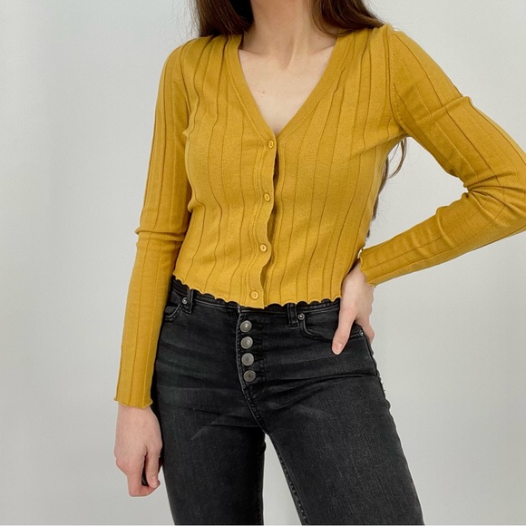 Anthropologie Cashmere Blend Ribbed Button Down Cardigan Top in Mustard Size S - Picture 2 of 6